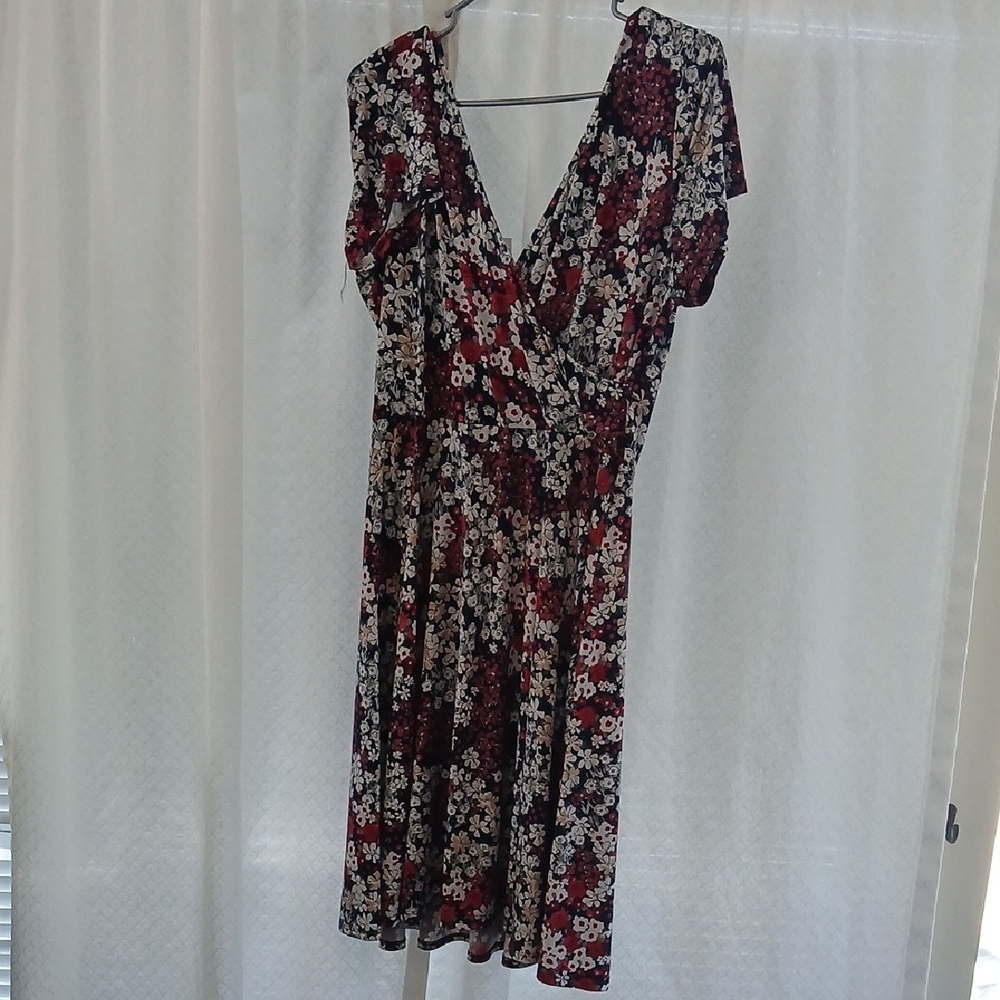 Kaileigh Navy Floral Faux Wrap Midi Dress with Red & Cream Blossoms